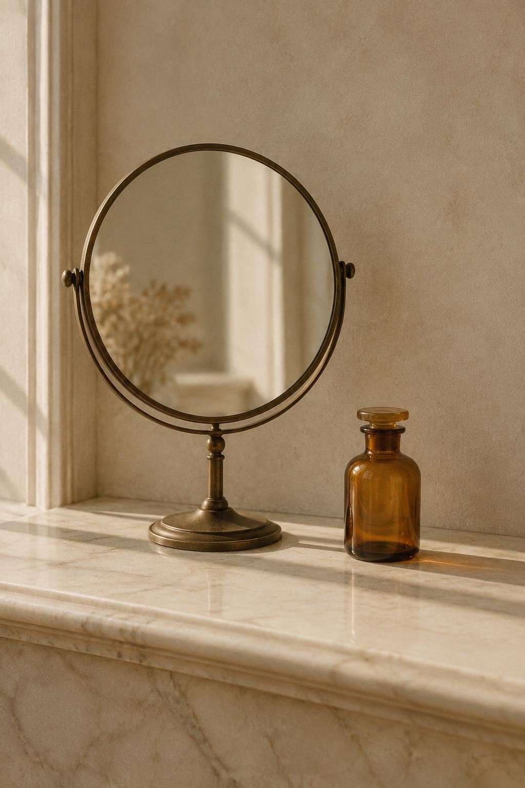 A round brass vanity mirror beside a small amber bottle in morning light